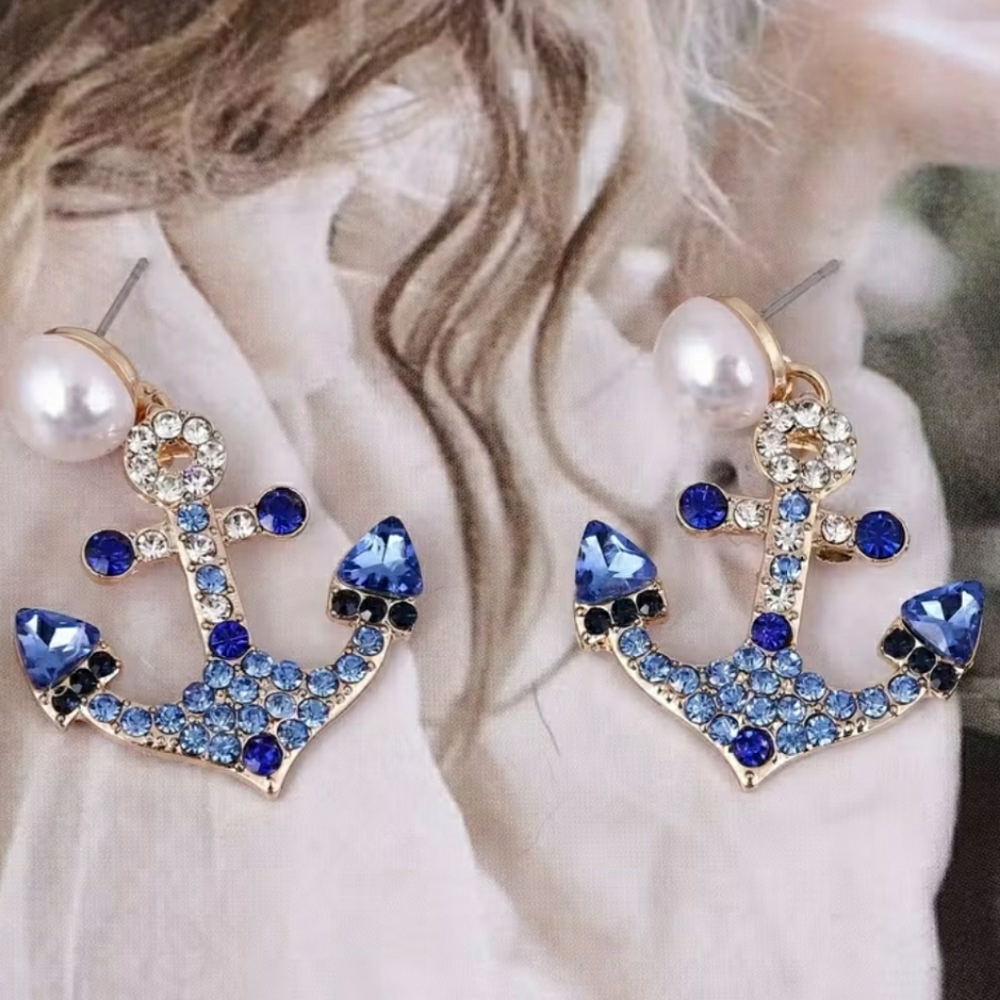 Elegant Blue Anchor Earrings with Pearl Accents